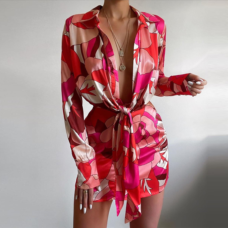 Korean Style A Line Shirt Dress - Sexy Floral Print Long Sleeve Shirt