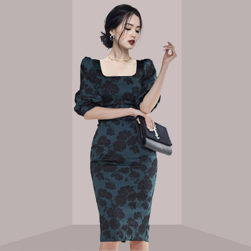 French Vintage Floral Midi Dress - Elegant Ladylike Floral Print Slim Fit