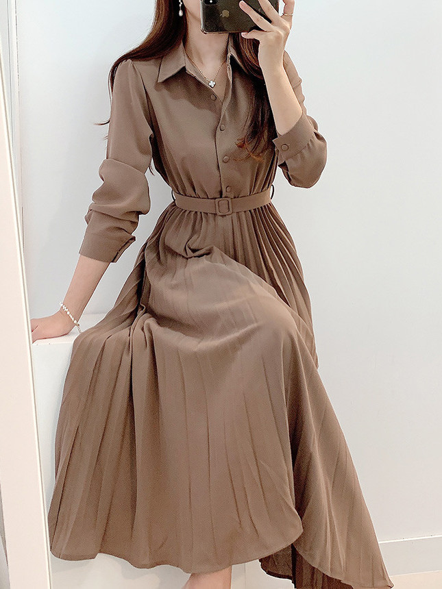 Korean Style A Line Shirt Dress - Retro Pleated Long Shirt Dress Women's