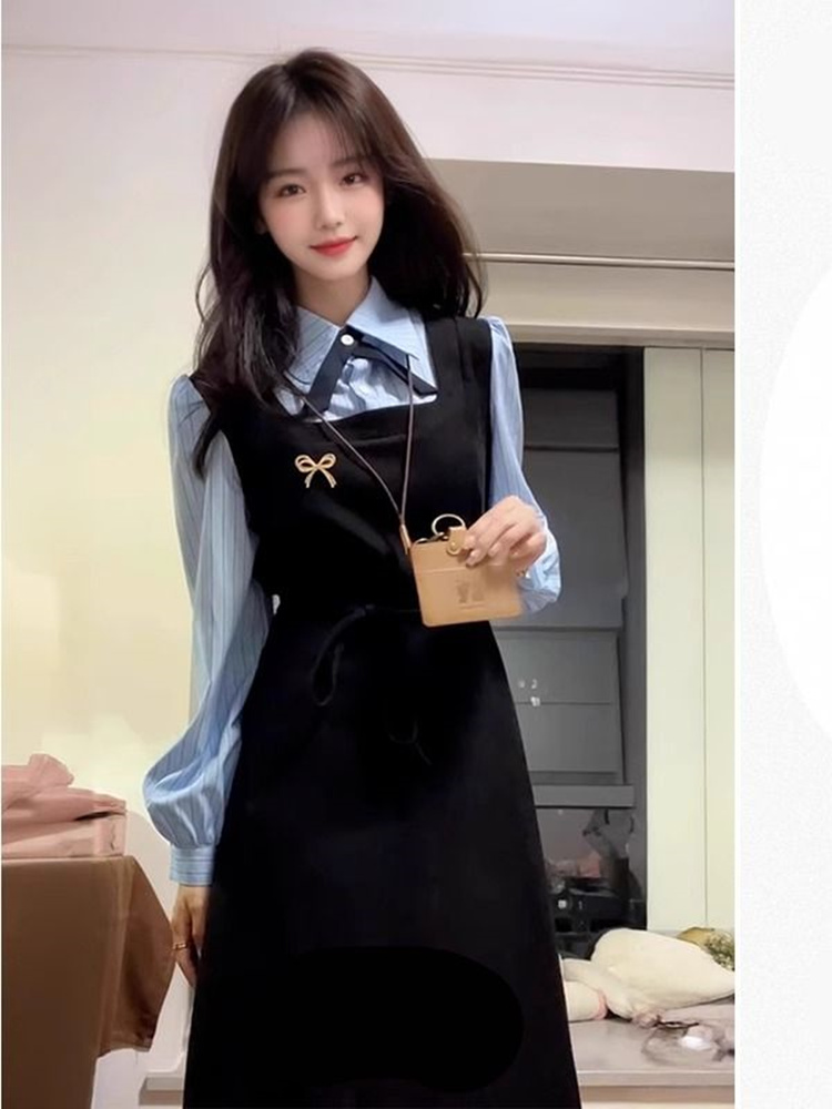 Elegant Black College Style Sh - Korean Style A Line Shirt Dress recension och pris