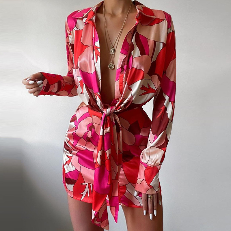 Sexy Floral Print Long Sleeve  - Korean Style A Line Shirt Dress recension och pris