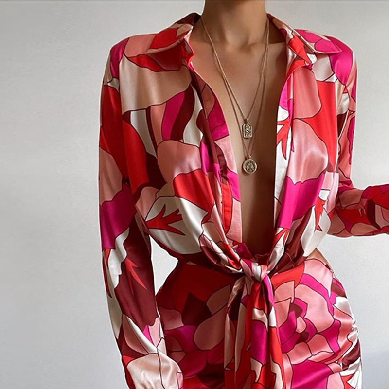 Sexy Floral Print Long Sleeve  - Korean Style A Line Shirt Dress recension och pris