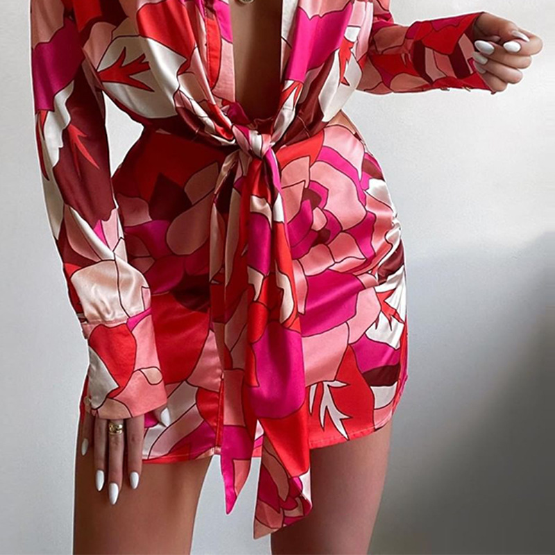 Sexy Floral Print Long Sleeve  - Korean Style A Line Shirt Dress recension och pris