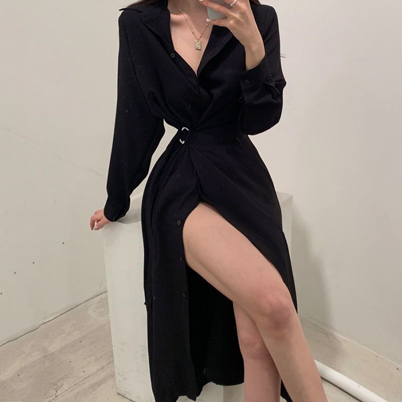 Long Sleeved Lapel Shirt Style - Korean Style A Line Shirt Dress recension och pris