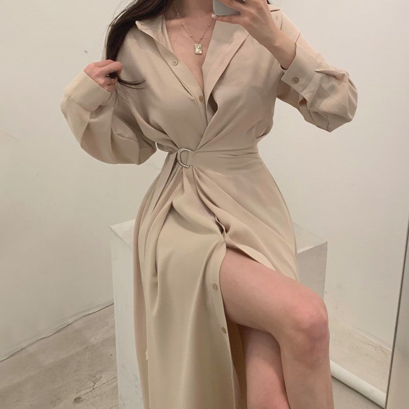 Long Sleeved Lapel Shirt Style - Korean Style A Line Shirt Dress recension och pris