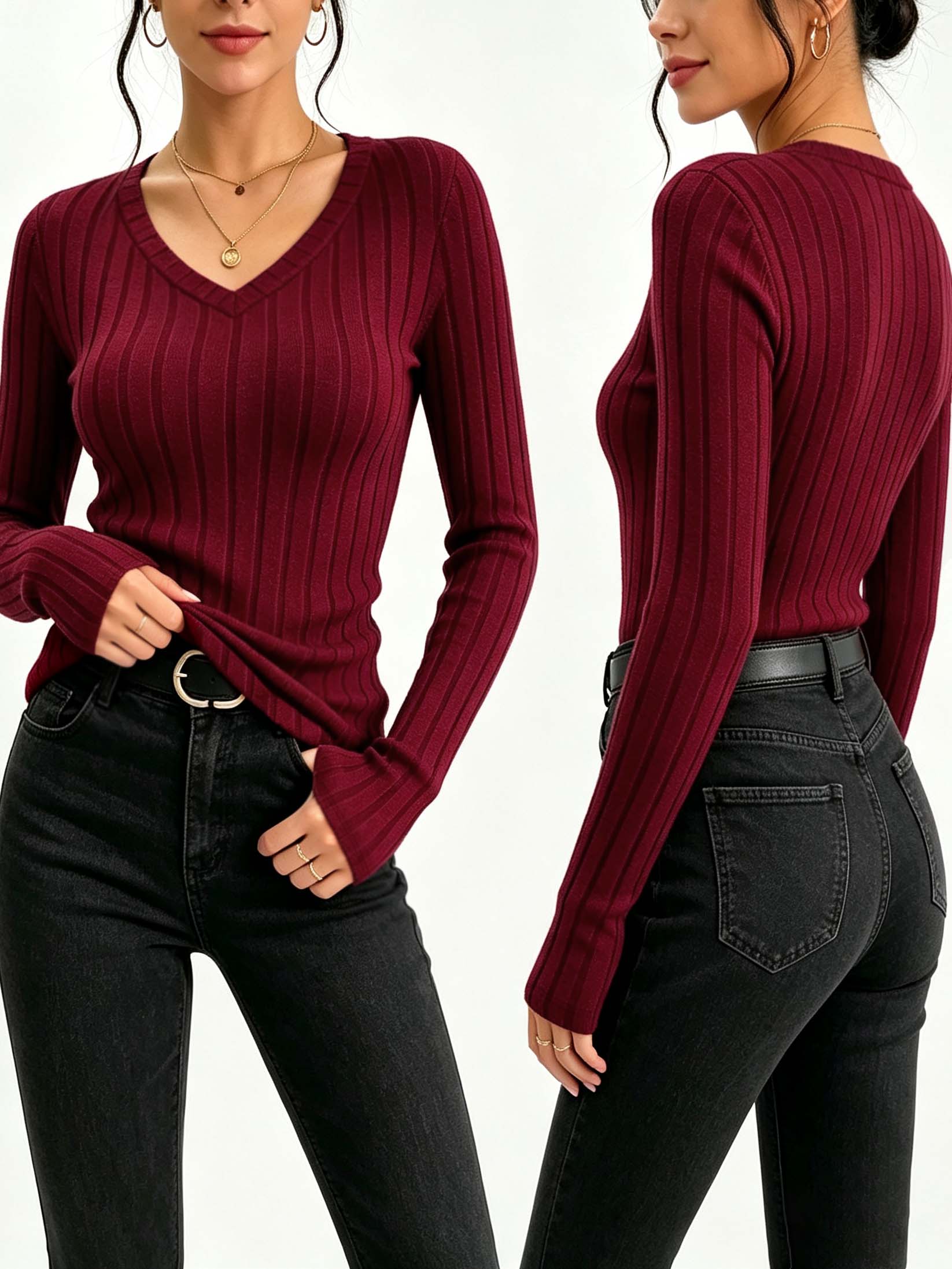 Women Solid V‑Neck Ribbed Knit - Blouses recension och pris