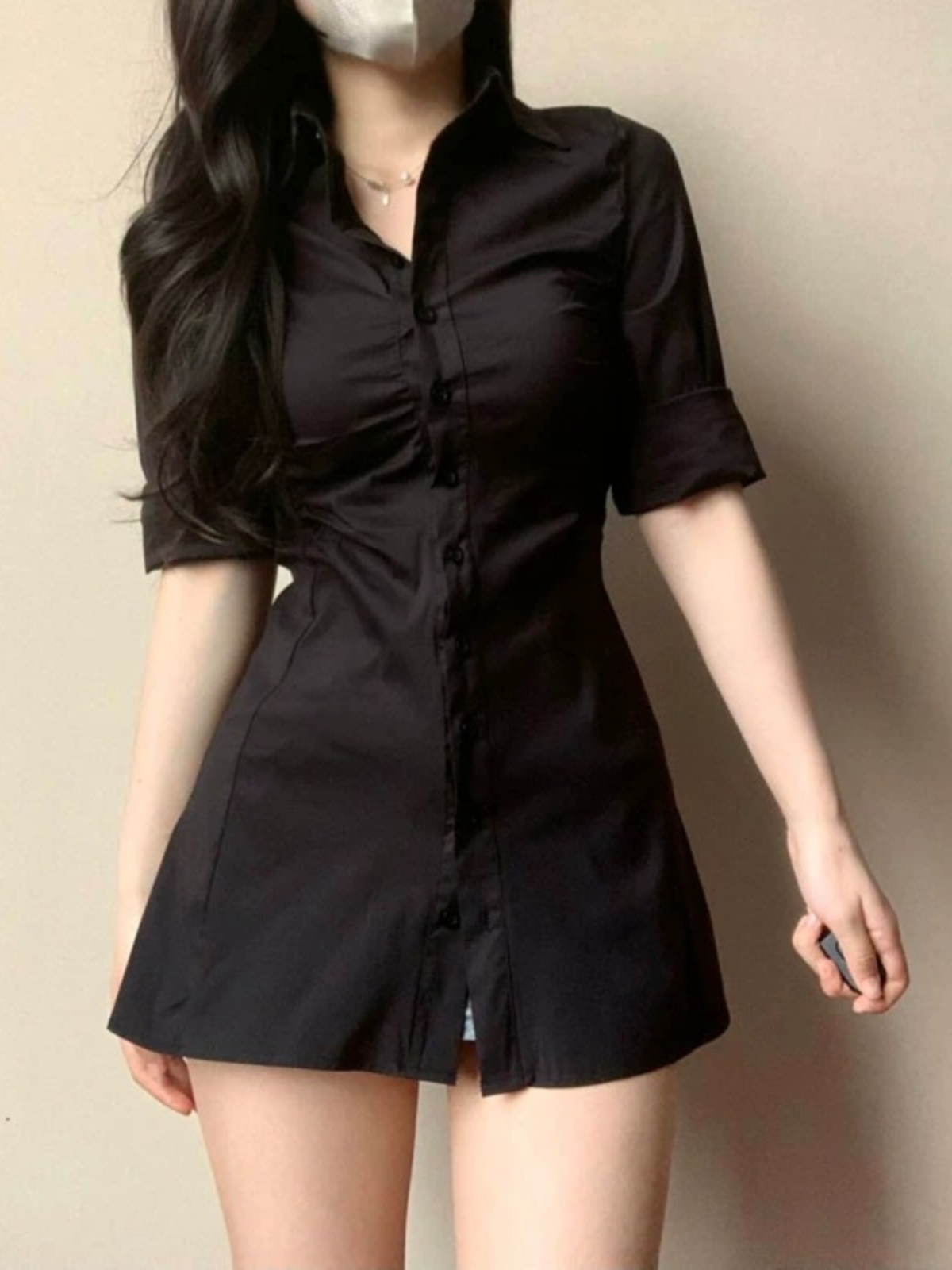 Sexy Pleated Waist-Cinching Sh - Korean Style A Line Shirt Dress recension och pris