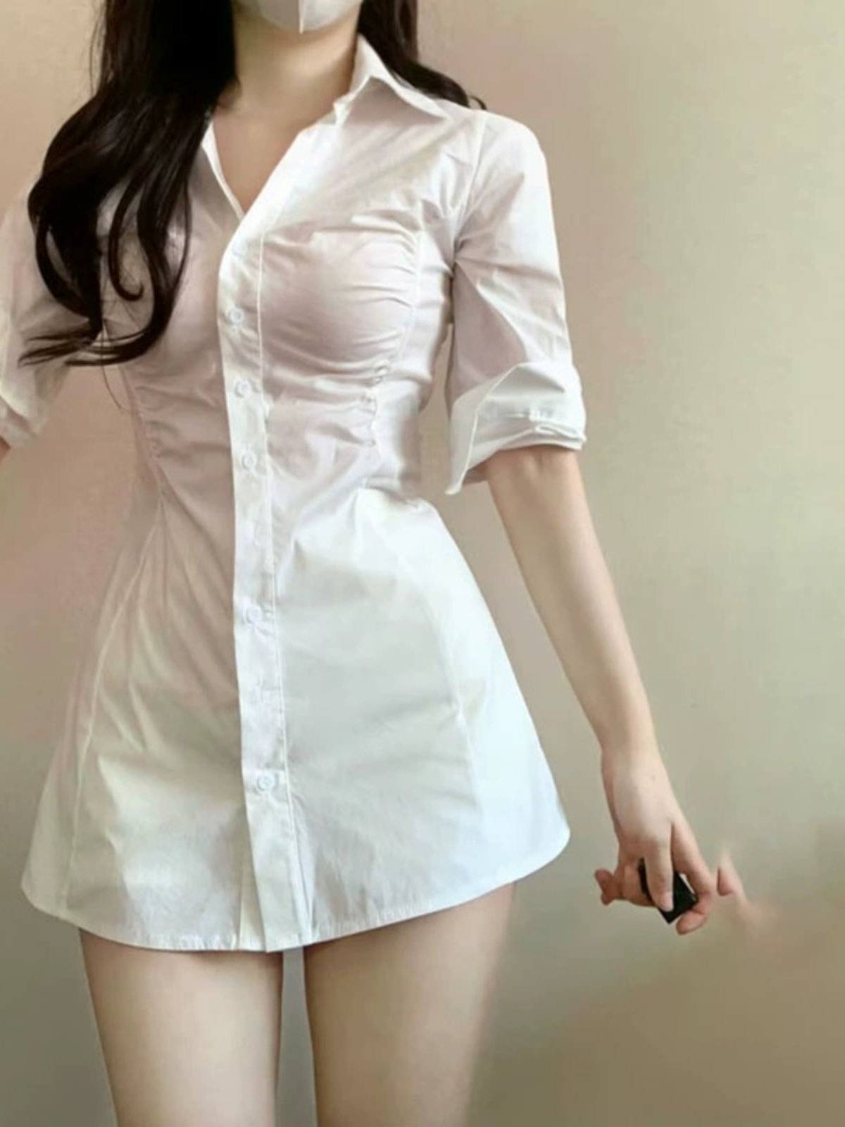 Sexy Pleated Waist-Cinching Sh - Korean Style A Line Shirt Dress recension och pris