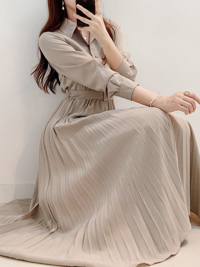 Retro Pleated Long Shirt Dress - Korean Style A Line Shirt Dress recension och pris