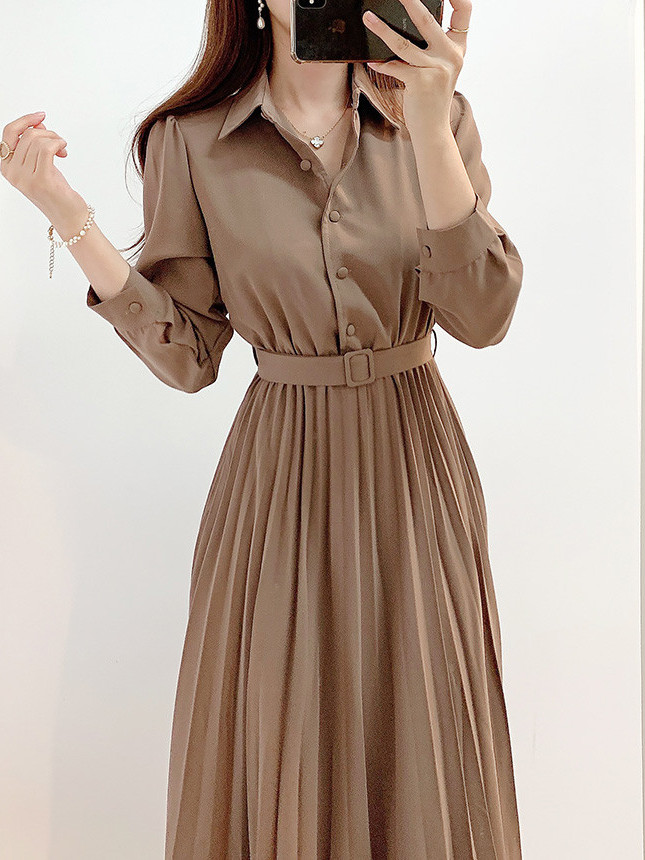 Retro Pleated Long Shirt Dress - Korean Style A Line Shirt Dress recension och pris