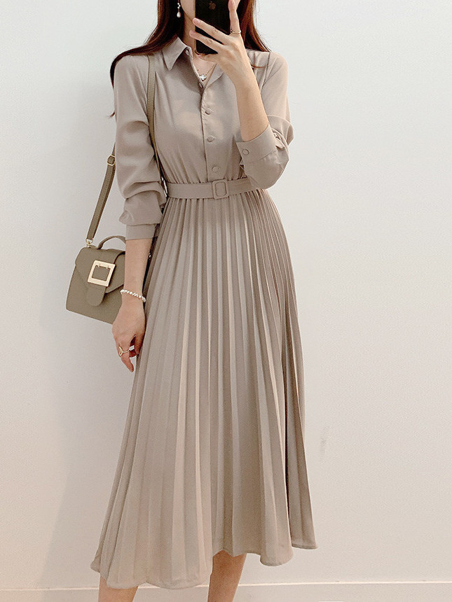 Retro Pleated Long Shirt Dress - Korean Style A Line Shirt Dress recension och pris