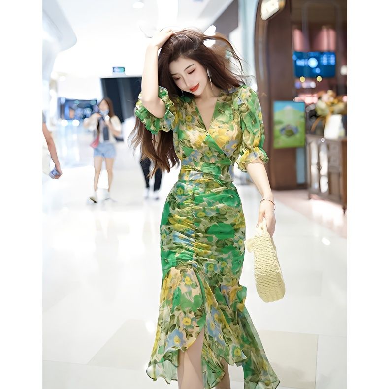 New Summer Fashion Style Waist - French Vintage Floral Midi Dress recension och pris
