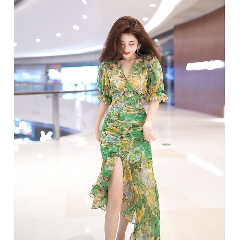 New Summer Fashion Style Waist - French Vintage Floral Midi Dress recension och pris