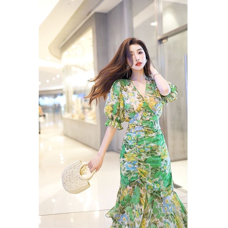 New Summer Fashion Style Waist - French Vintage Floral Midi Dress recension och pris