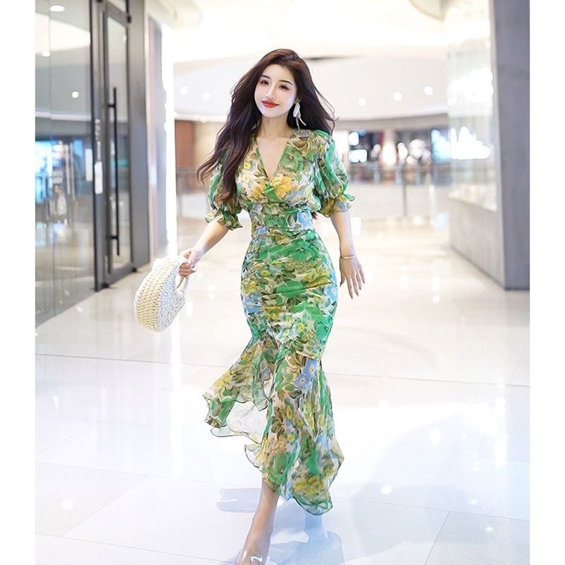 New Summer Fashion Style Waist - French Vintage Floral Midi Dress recension och pris