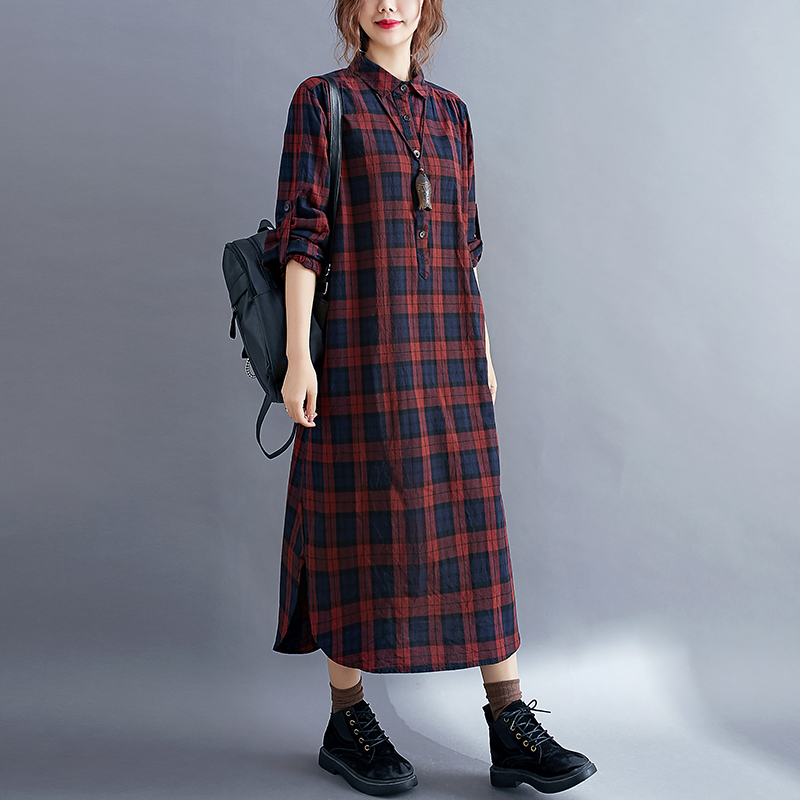 Casual Plaid Long Sleeve Shirt - Korean Style A Line Shirt Dress recension och pris