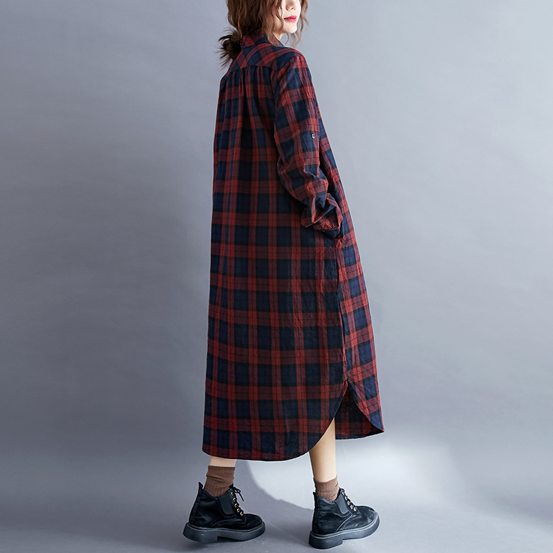 Casual Plaid Long Sleeve Shirt - Korean Style A Line Shirt Dress recension och pris
