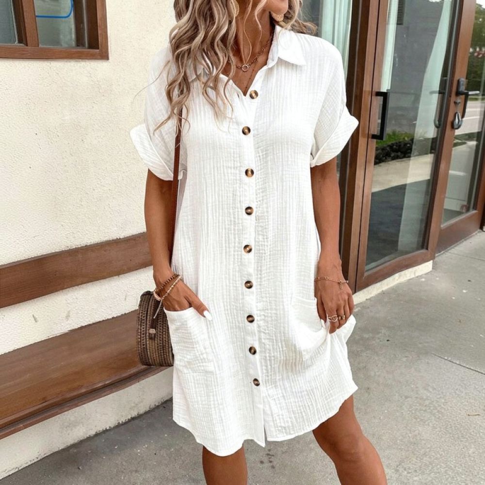 Women V Neck Shirt Dress Summe - Casual Loose Linen Shirt Dress recension och pris