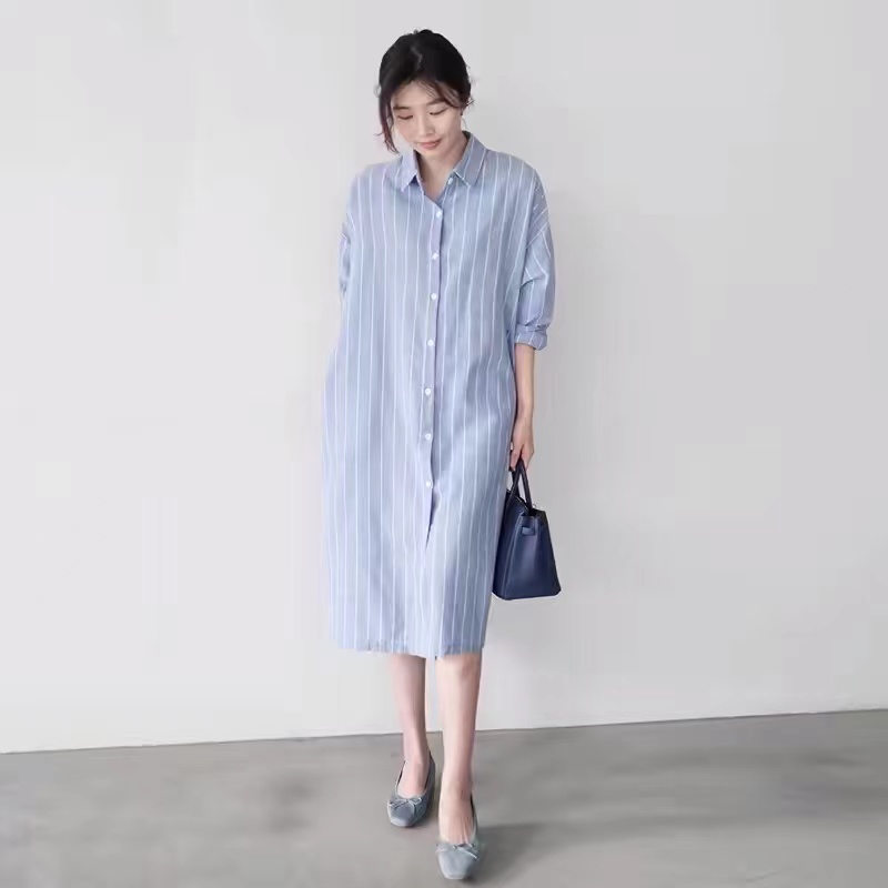 Blue Striped Shirt Dress Women - Korean Style A Line Shirt Dress recension och pris