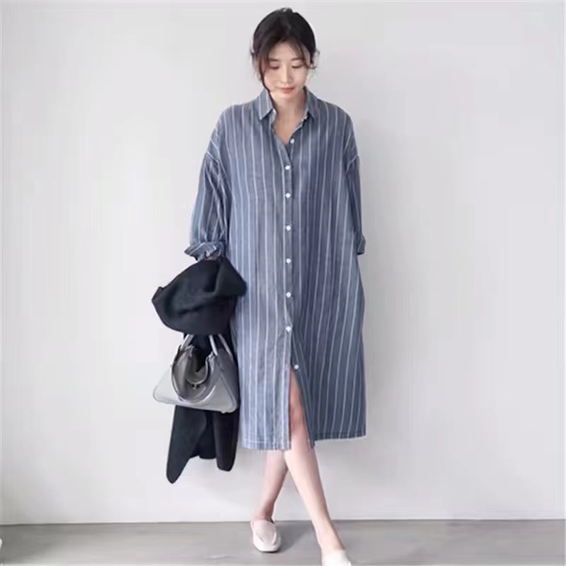 Blue Striped Shirt Dress Women - Korean Style A Line Shirt Dress recension och pris
