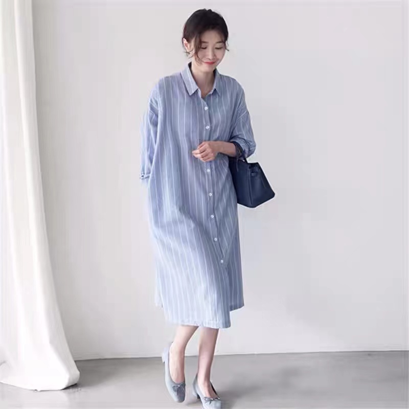 Blue Striped Shirt Dress Women - Korean Style A Line Shirt Dress recension och pris