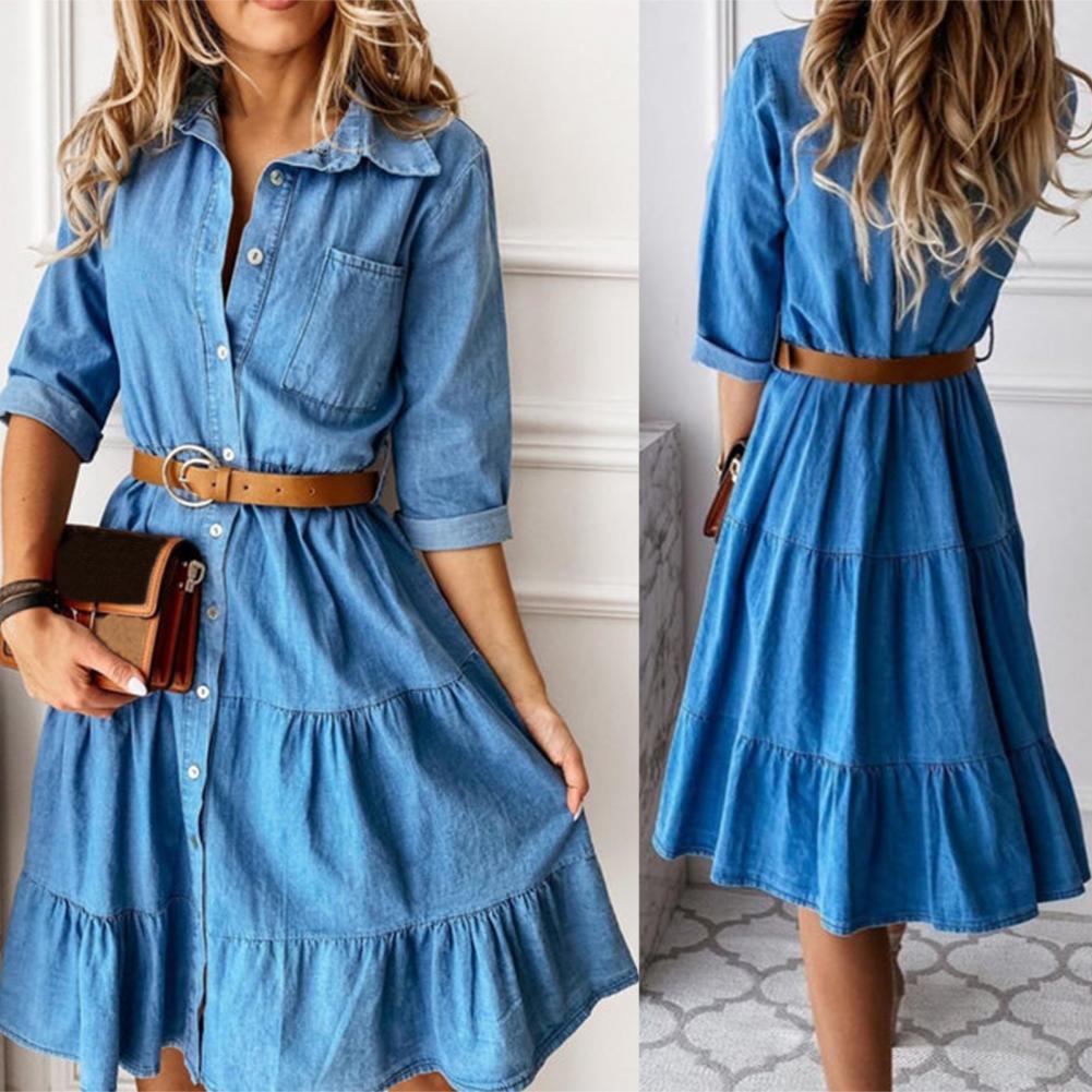 Denim Dress Three Quarter Slee - French Vintage Floral Midi Dress recension och pris
