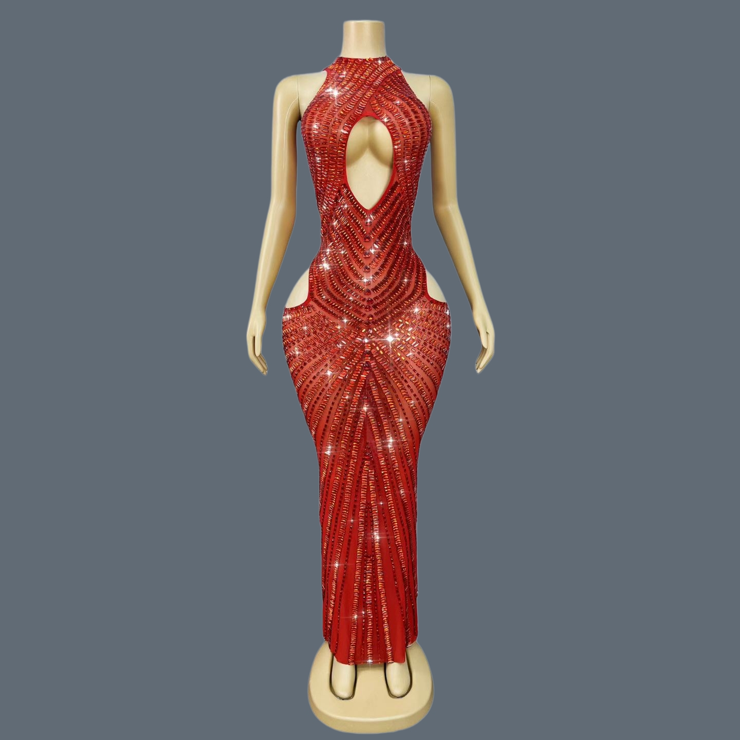 Luxury Red Rhinestone Hollow O - Sparkly Rhinestone Club Party Dress recension och pris